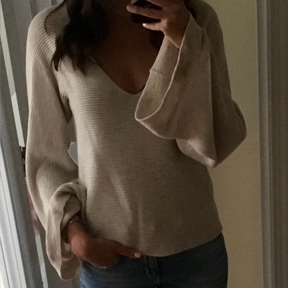 Free People Cream Ribbed Long Sleeve Top Cropped Size Medium